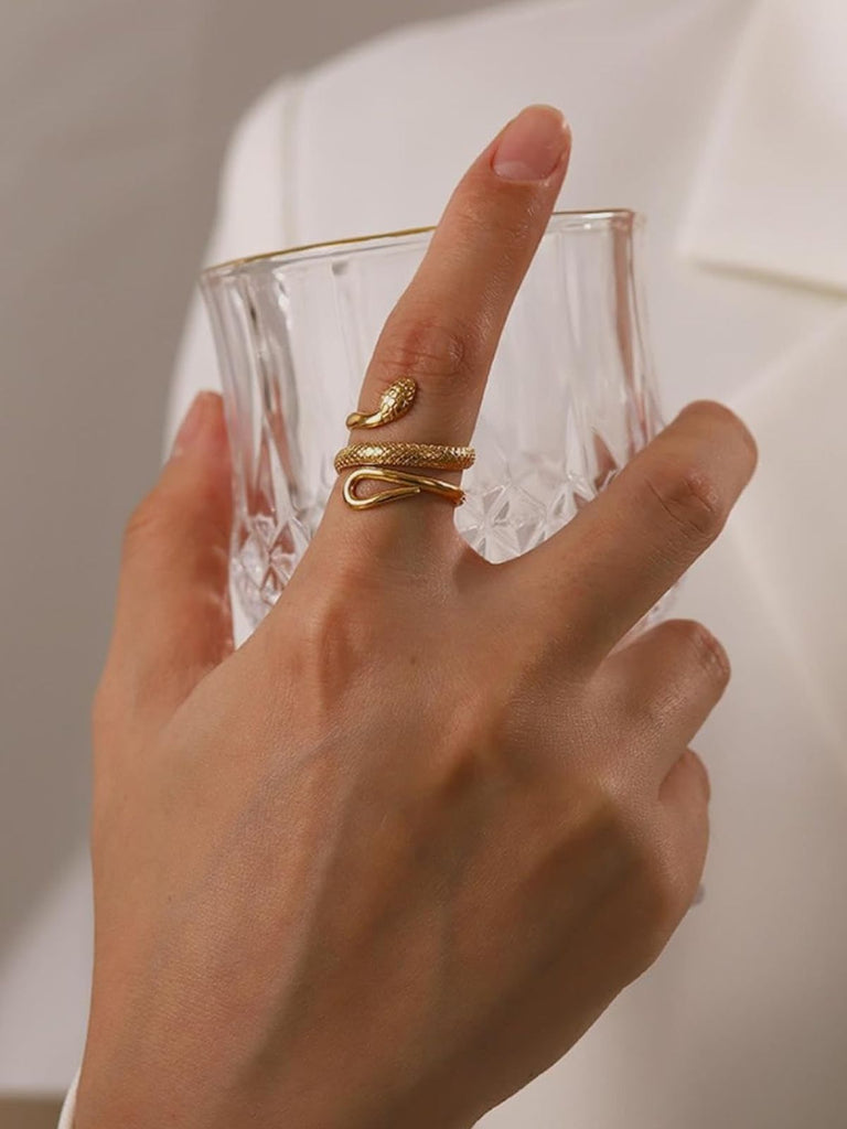 Bague serpent ajustable, bague plaqué or 18K, bague femme tendance, acier inoxydable, fine géométrique, modèle Karlene - Bague - Or S