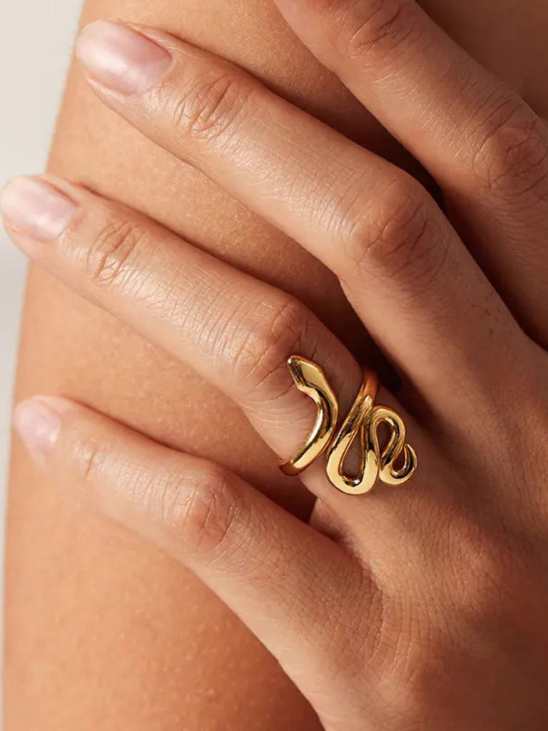 Bague serpent ouverte, acier inoxydable doré 18K, ajustable femme ou homme, tendance rétro, bijou serpent luxe, modèle Leane - Bague - Or S