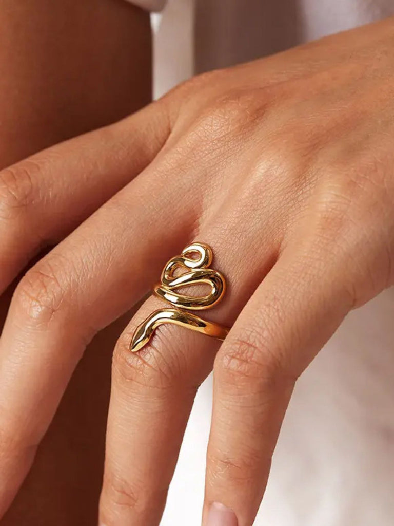Bague serpent ouverte, acier inoxydable doré 18K, ajustable femme ou homme, tendance rétro, bijou serpent luxe, modèle Leane - Bague - Or S