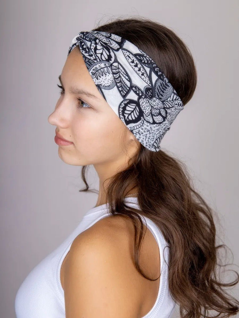 Bandeau cheveux femme, large, extensible, imprimé floral noir et blanc, yoga, sport, maquillage, coiffure, modèle Alola - Bandeau pour cheveux - Noir et blanc