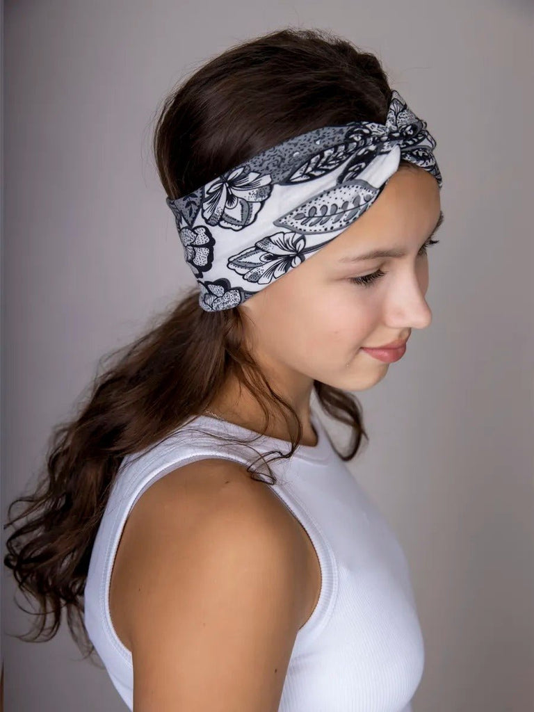 Bandeau cheveux femme, large, extensible, imprimé floral noir et blanc, yoga, sport, maquillage, coiffure, modèle Alola - Bandeau pour cheveux - Noir et blanc