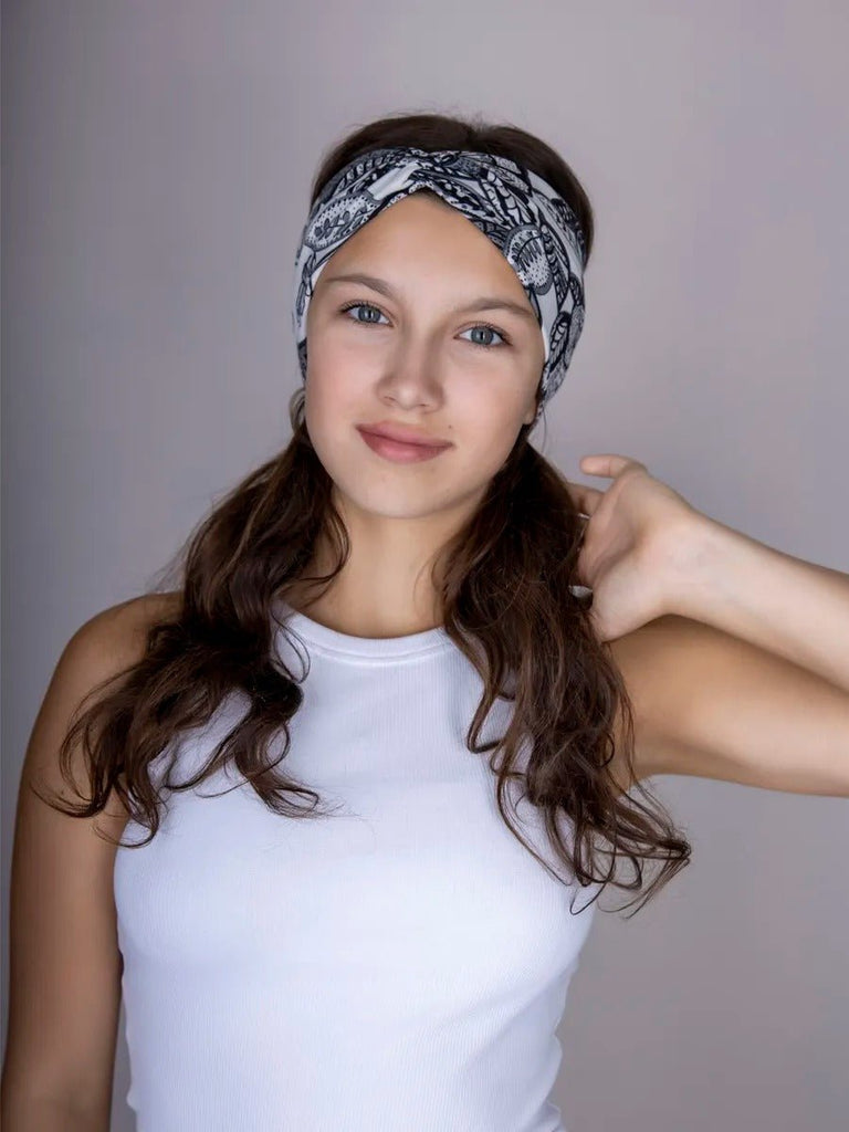 Bandeau cheveux femme, large, extensible, imprimé floral noir et blanc, yoga, sport, maquillage, coiffure, modèle Alola - Bandeau pour cheveux - Noir et blanc
