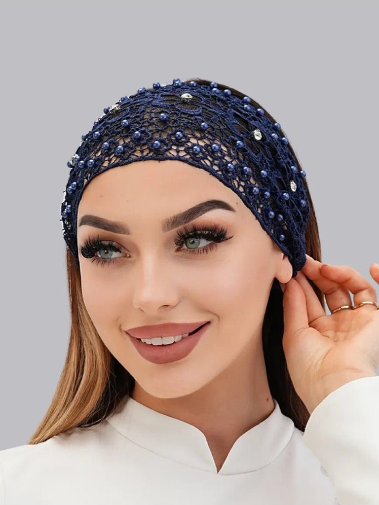 Bandeau dentelle perles, bandeau large élastique femme, serre - tête chic soirée, accessoire cheveux féminin, bandeau mode confortable, modèle Magesta - Bandeau pour cheveux - Bleu