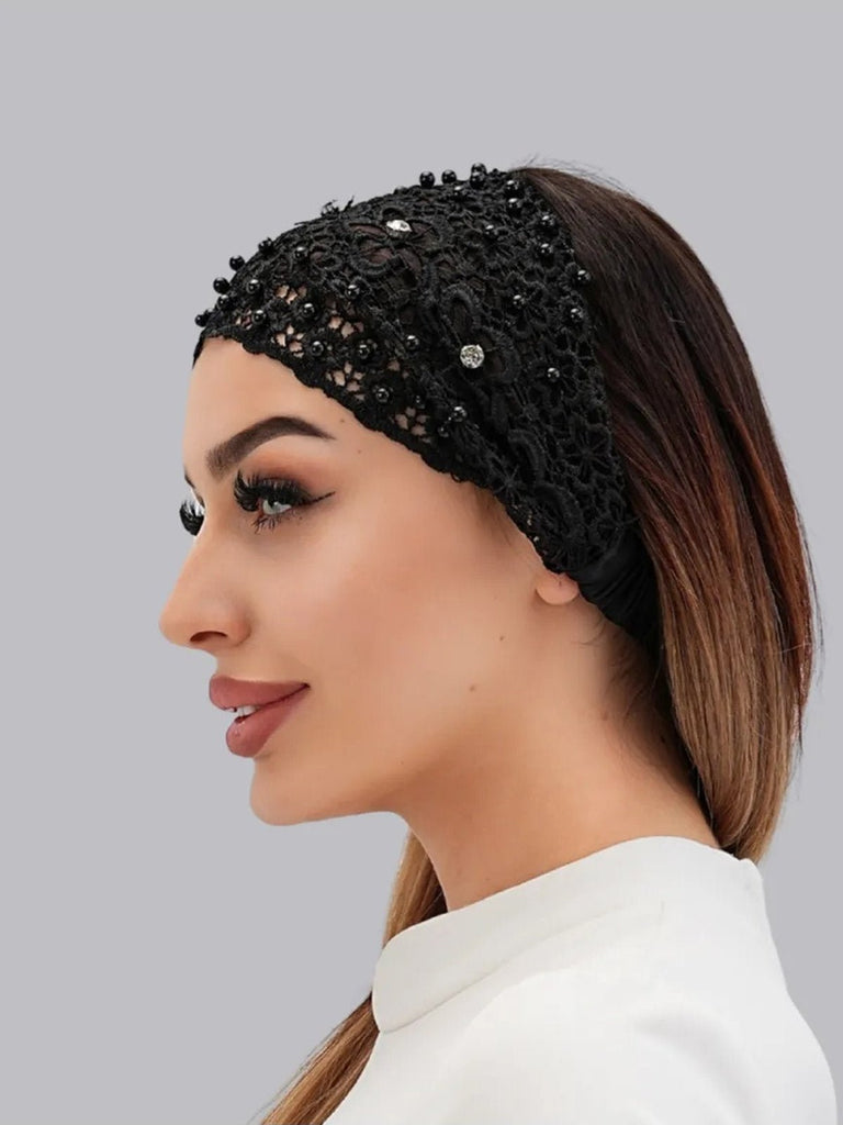 Bandeau dentelle perles, bandeau large élastique femme, serre - tête chic soirée, accessoire cheveux féminin, bandeau mode confortable, modèle Magesta - Bandeau pour cheveux - Noir