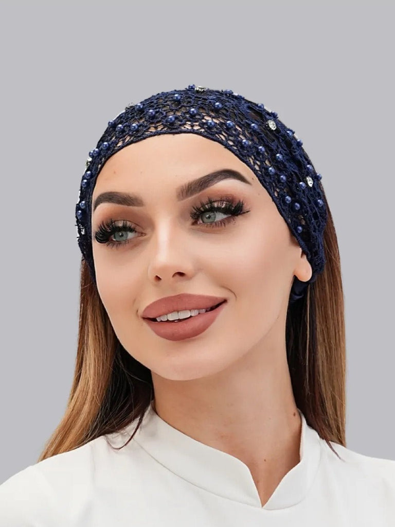 Bandeau dentelle perles, bandeau large élastique femme, serre - tête chic soirée, accessoire cheveux féminin, bandeau mode confortable, modèle Magesta - Bandeau pour cheveux - Bleu