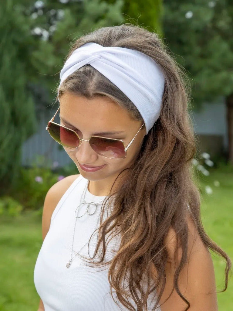 Bandeau femme large en coton extensible, accessoire de coiffure confortable pour sport, yoga, quotidien et maquillage, modèle Fresha - Bandeau pour cheveux - Blanc