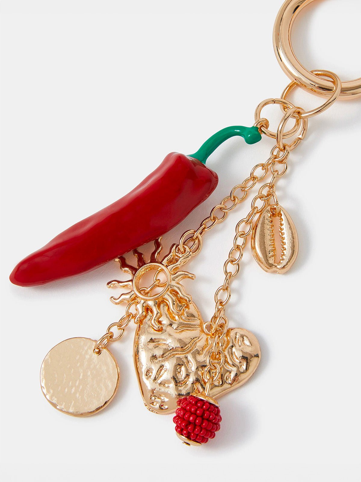 Bijou de sac piment rouge, breloques dorées, perles rouges, porte - clés cœur love, soleil, modèle Neka - charms - Or