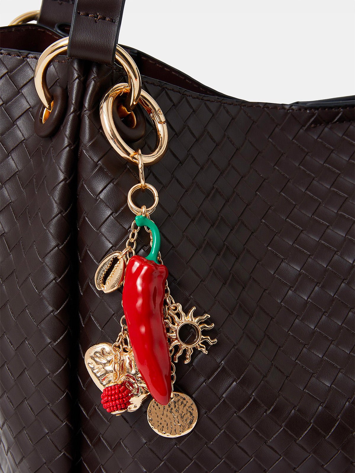 Bijou de sac piment rouge, breloques dorées, perles rouges, porte - clés cœur love, soleil, modèle Neka - charms - Or