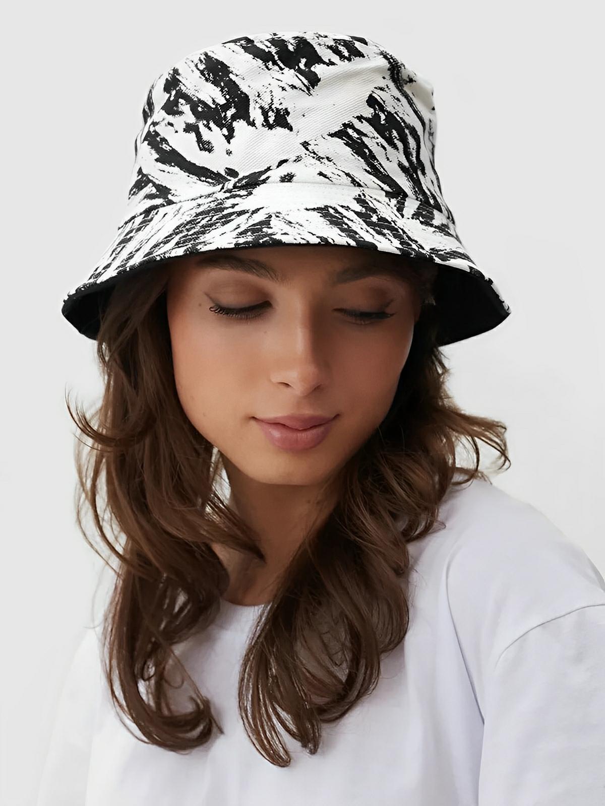 Bob coton réversible, imprimé tie - dye, noir et blanc, homme femme, protection solaire, modèle Vaco - Casquette - Blanc et noir