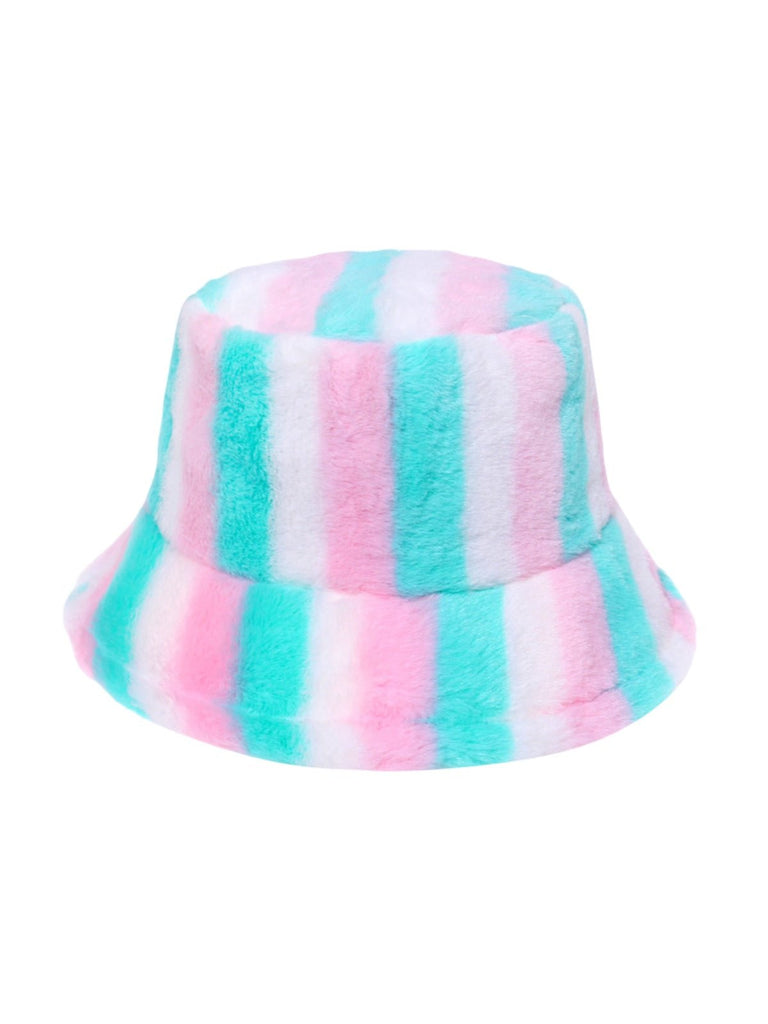 Bob en fausse fourrure, chapeau rayé multicolore, bucket hat doux et chaud, couvre - chef hiver, modèle Malda - Bob - Style 4