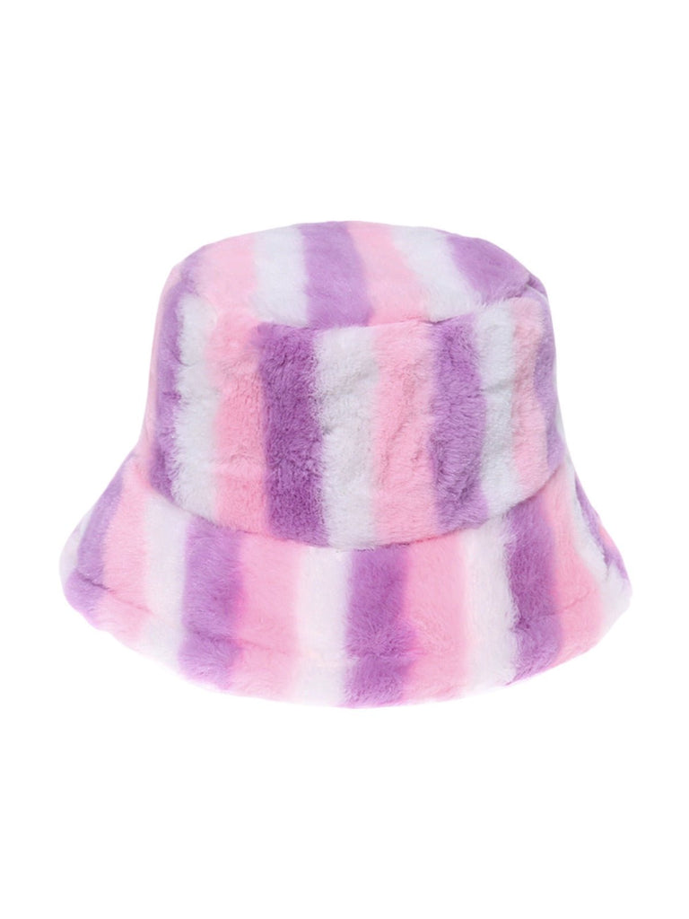 Bob en fausse fourrure, chapeau rayé multicolore, bucket hat doux et chaud, couvre - chef hiver, modèle Malda - Bob - Style 3