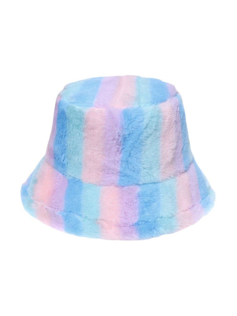 Bob en fausse fourrure, chapeau rayé multicolore, bucket hat doux et chaud, couvre - chef hiver, modèle Malda - Bob - Style 2