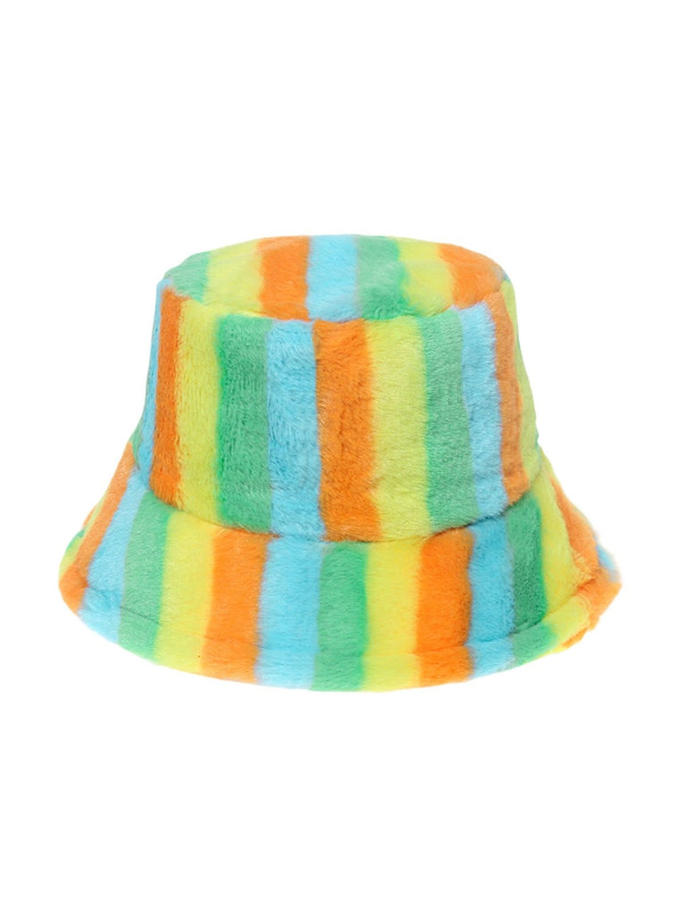 Bob en fausse fourrure, chapeau rayé multicolore, bucket hat doux et chaud, couvre - chef hiver, modèle Malda - Bob - Style 6