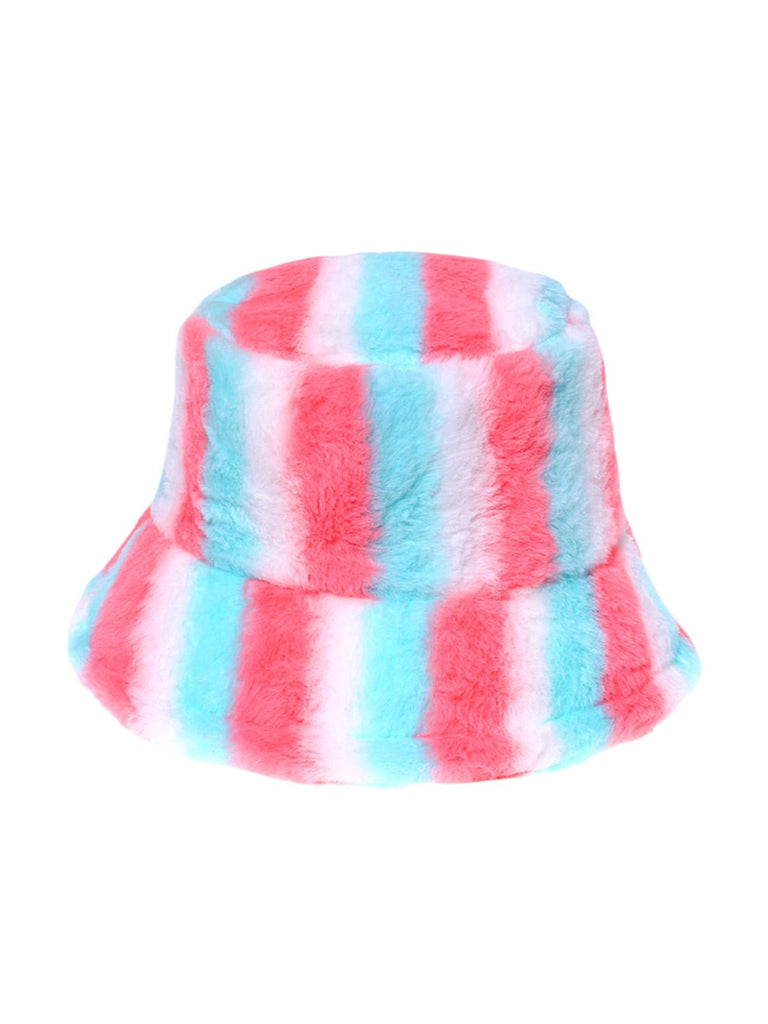 Bob en fausse fourrure, chapeau rayé multicolore, bucket hat doux et chaud, couvre - chef hiver, modèle Malda - Bob - Style 5