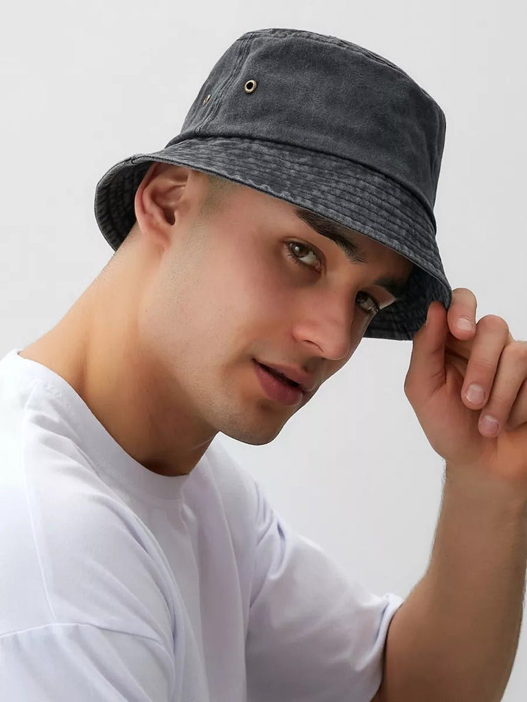 Bob uni en coton délavé vintage, protection solaire, léger, respirant, look urbain, modèle Miros - Bob - Gris foncé