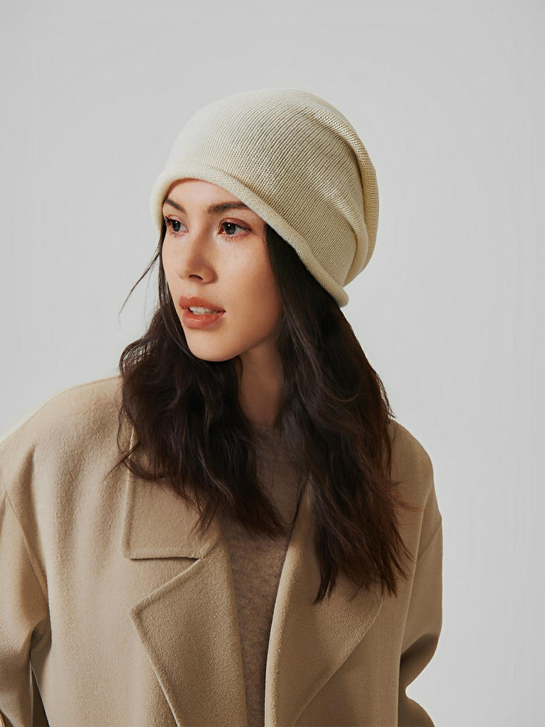 Bonnet 100% laine, hiver chaud, mixte, bonnet tombant uni, tricoté et doux, modèle Yuns - Bonnets - Blanc
