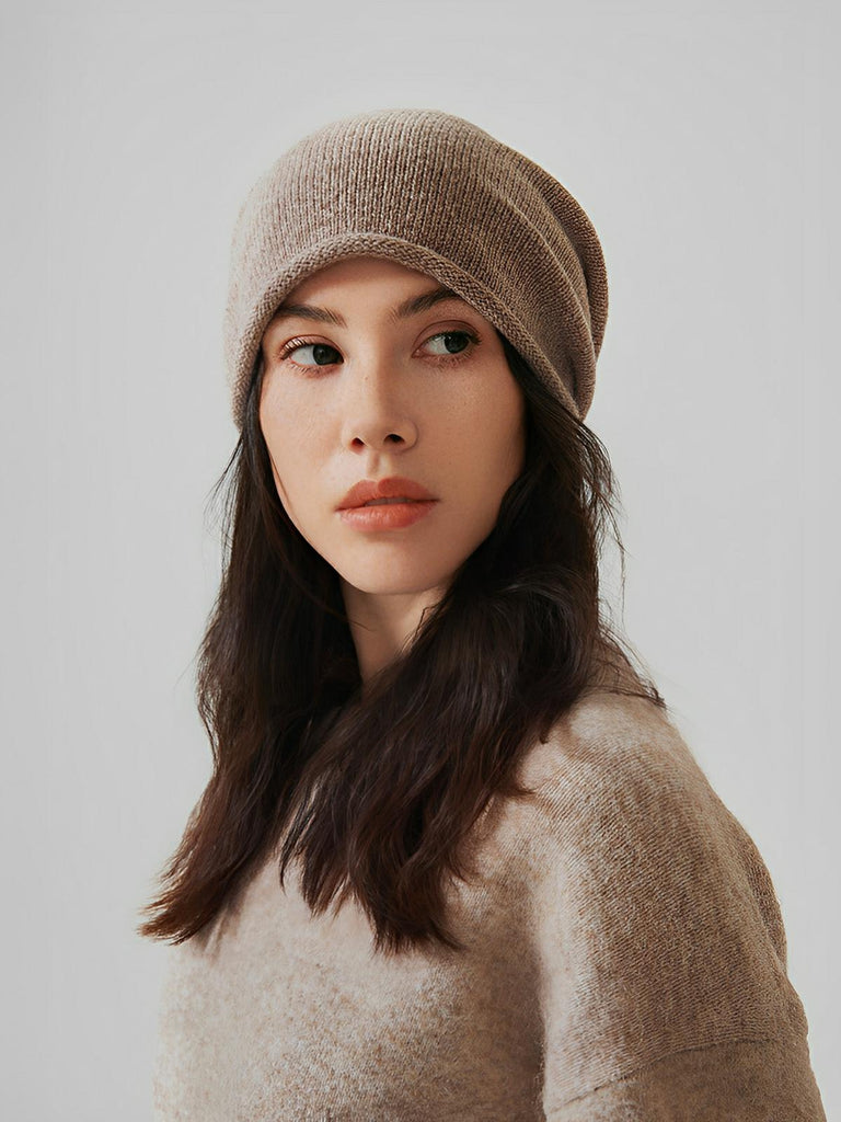 Bonnet 100% laine, hiver chaud, mixte, bonnet tombant uni, tricoté et doux, modèle Yuns - Bonnets - Beige