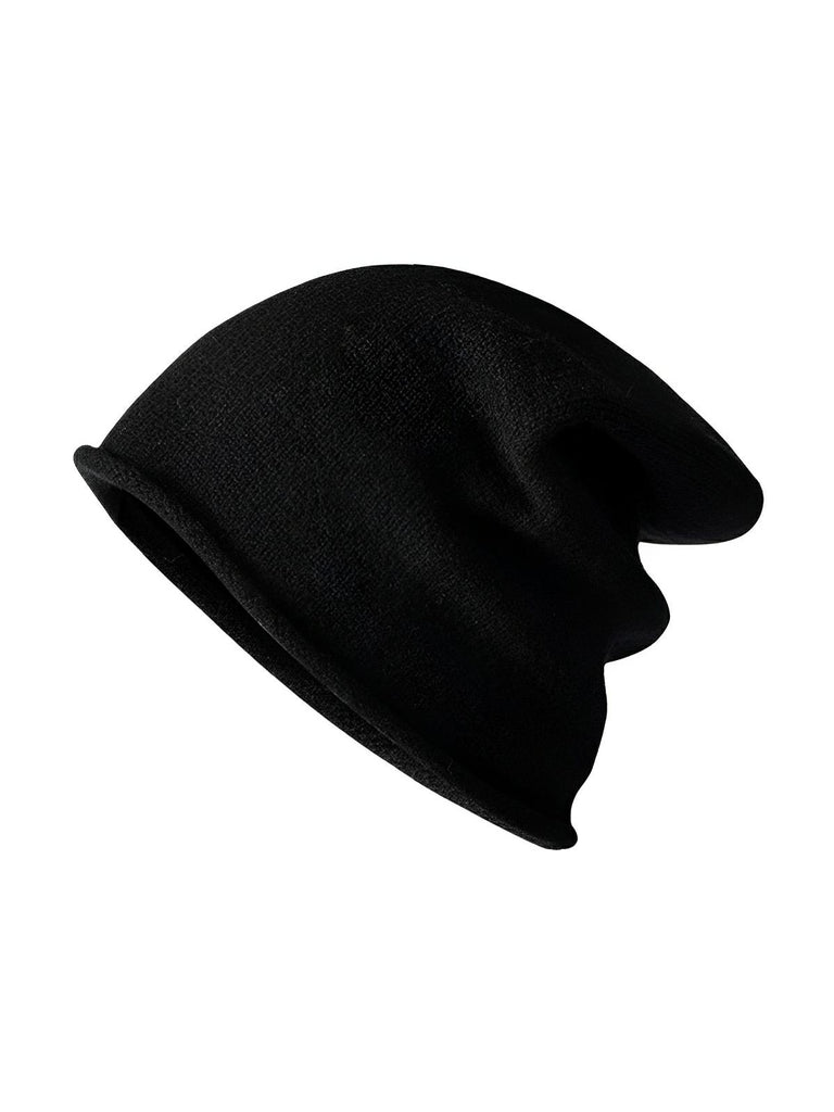 Bonnet 100% laine, hiver chaud, mixte, bonnet tombant uni, tricoté et doux, modèle Yuns - Bonnets - Noir