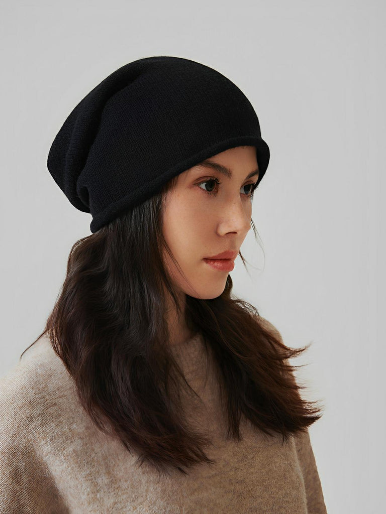 Bonnet 100% laine, hiver chaud, mixte, bonnet tombant uni, tricoté et doux, modèle Yuns - Bonnets - Noir
