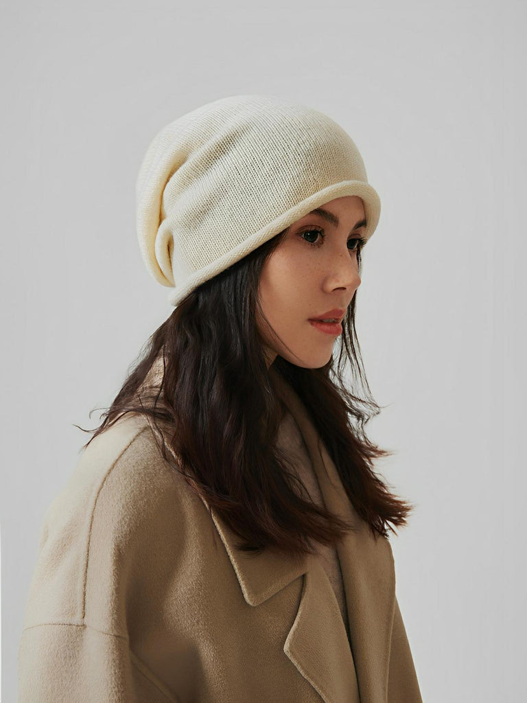 Bonnet 100% laine, hiver chaud, mixte, bonnet tombant uni, tricoté et doux, modèle Yuns - Bonnets - Blanc