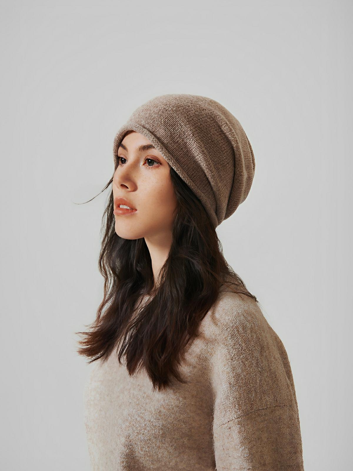 Bonnet 100% laine, hiver chaud, mixte, bonnet tombant uni, tricoté et doux, modèle Yuns - Bonnets - Beige