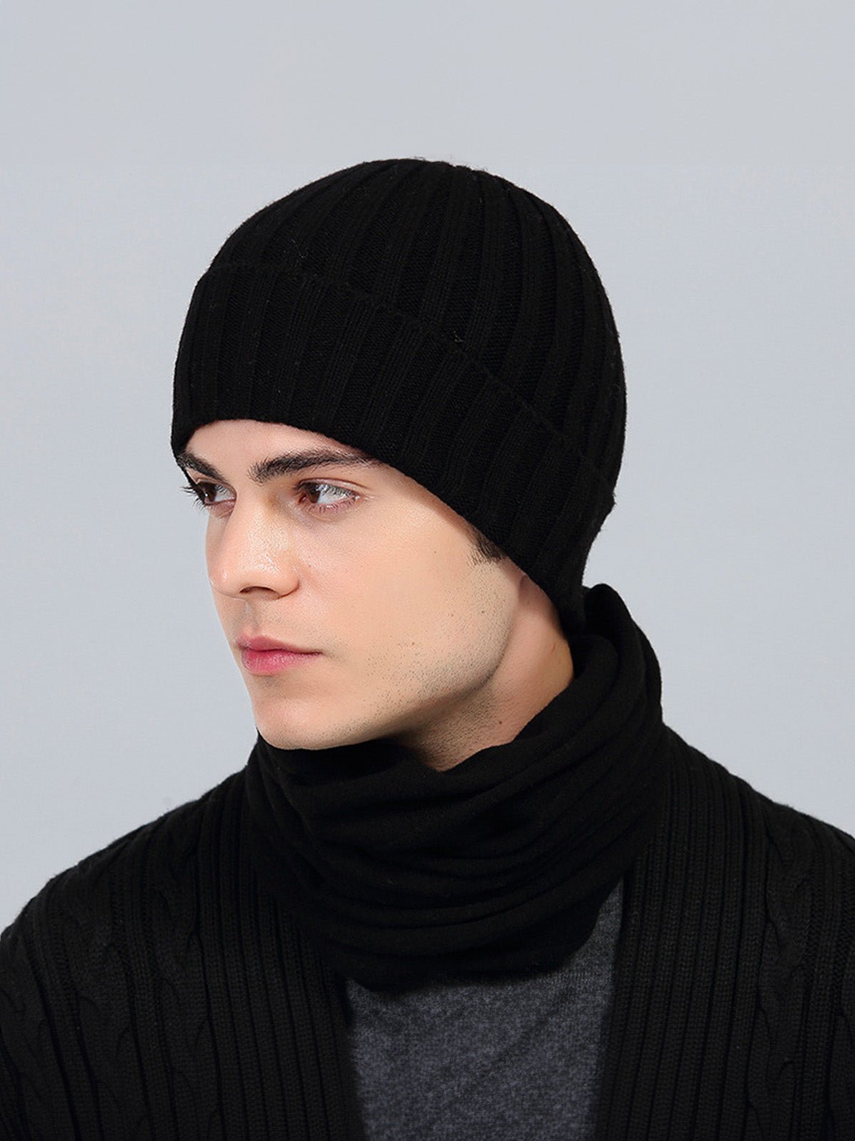 Bonnet chaud hiver, maille côtelée épaisse, bonnet noir ou gris, bonnet extensible automne hiver, bonnet tricoté classique, modèle Valo - Bonnets - Noir