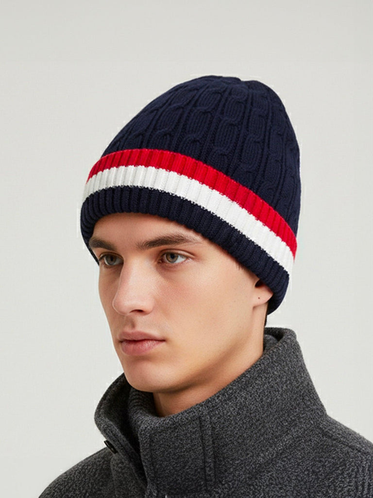 Bonnet chaud tricolore, maille torsadée, doublure douce polaire, bonnet hiver homme femme, bonnet épais confortable, modèle Maé - Bonnets - Bleu marine