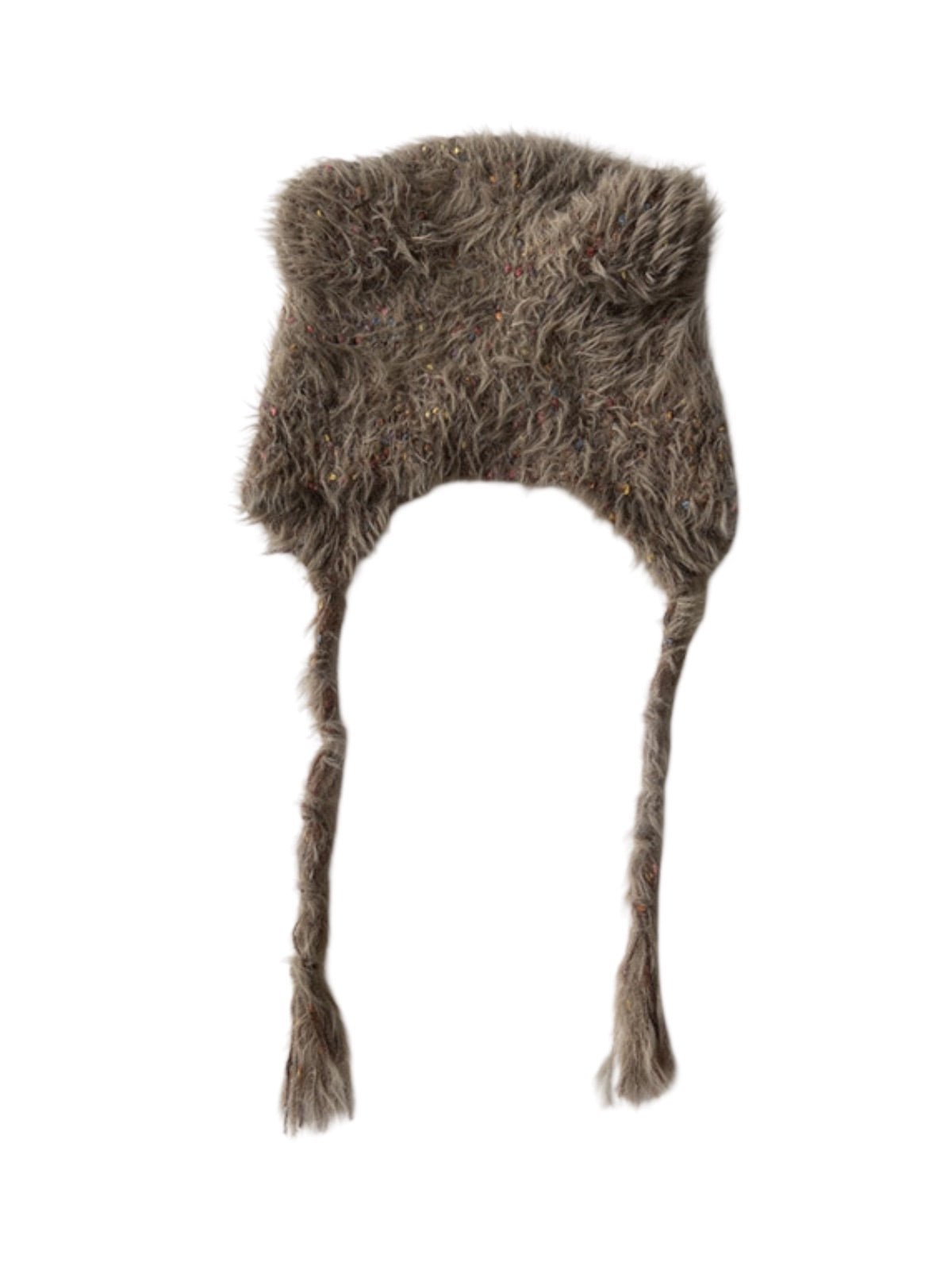 Bonnet d'hiver chaud, accessoire ourson en maille, style doux à pompons, couvre - oreilles fantaisie, bonnet à liens tressés, toucher duveteux, modèle Kogra - Bonnets - Beige