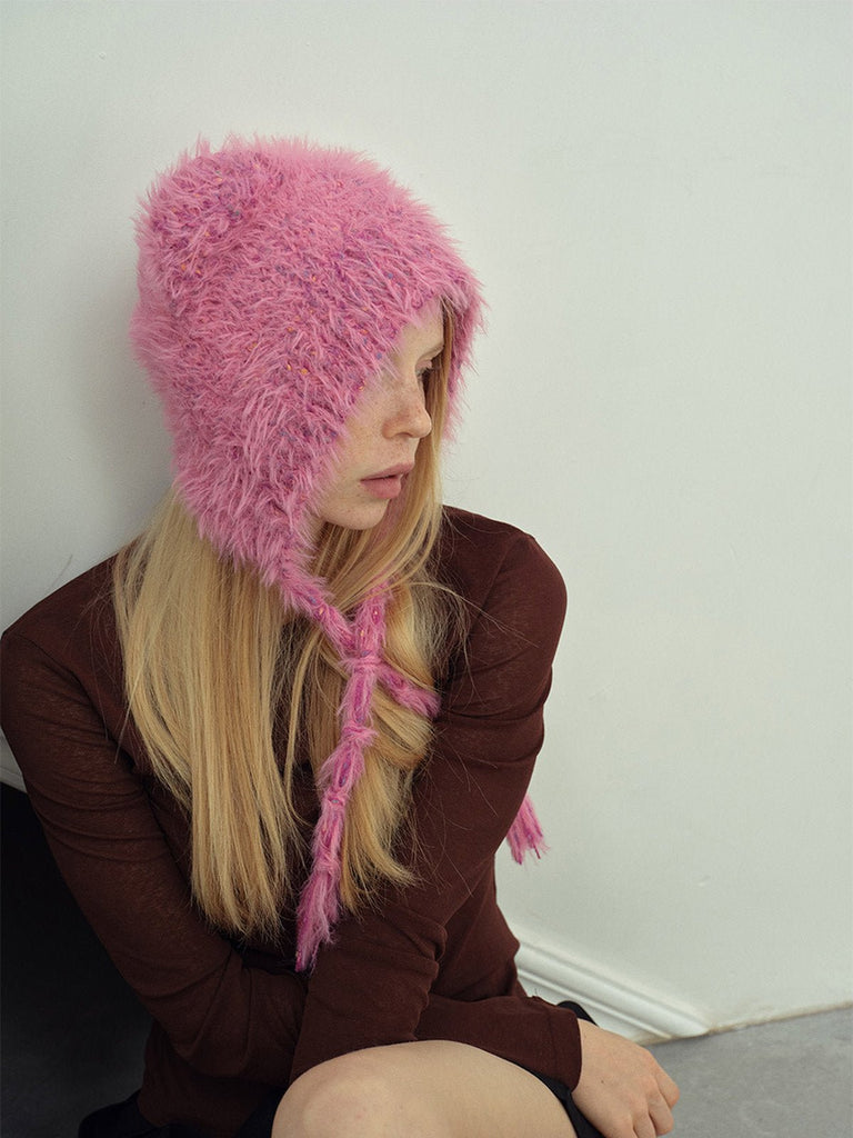 Bonnet d'hiver chaud, accessoire ourson en maille, style doux à pompons, couvre - oreilles fantaisie, bonnet à liens tressés, toucher duveteux, modèle Kogra - Bonnets - Rose