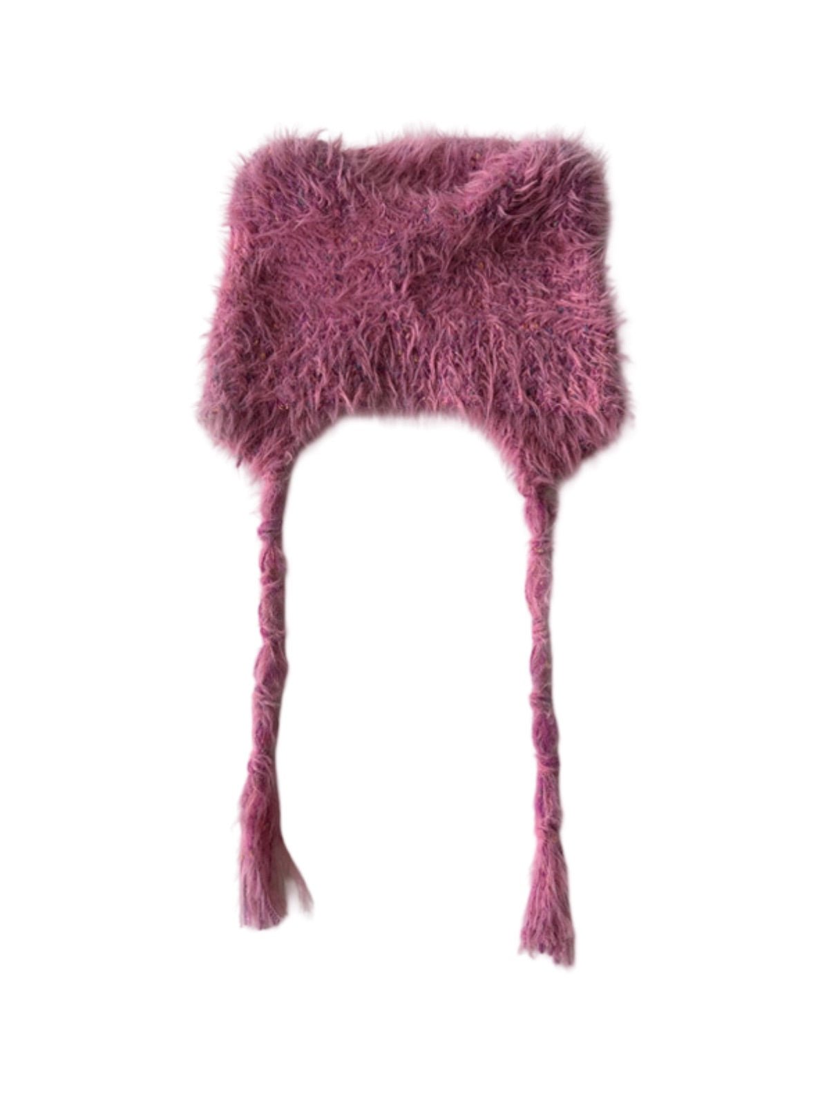 Bonnet d'hiver chaud, accessoire ourson en maille, style doux à pompons, couvre - oreilles fantaisie, bonnet à liens tressés, toucher duveteux, modèle Kogra - Bonnets - Rose