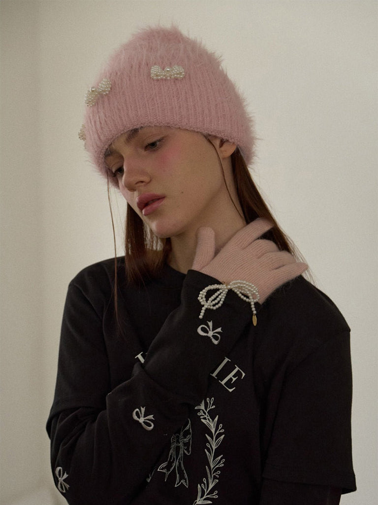 Bonnet doux en tricot, perles fantaisie, effet duveteux, style streetwear, hiver chaud, coupe arrondie, sans visière, accessoire mode fille, modèle Fenzie - Bonnets - Rose