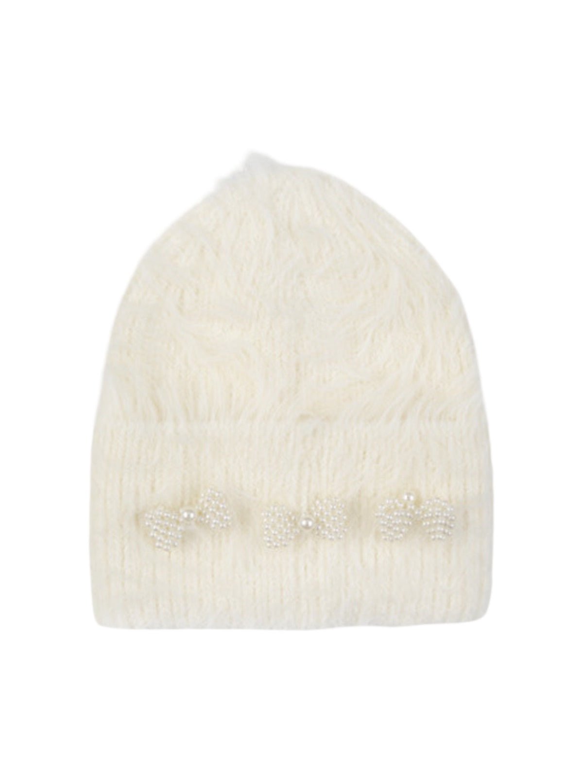 Bonnet doux en tricot, perles fantaisie, effet duveteux, style streetwear, hiver chaud, coupe arrondie, sans visière, accessoire mode fille, modèle Fenzie - Bonnets - Blanc