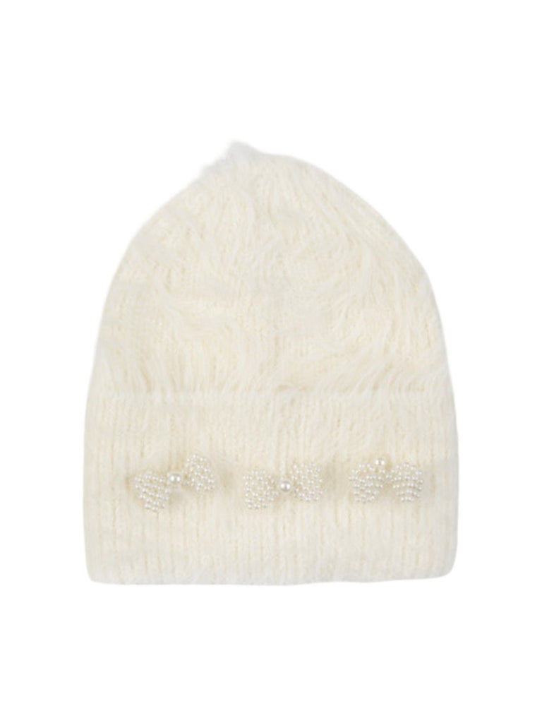 Bonnet doux en tricot, perles fantaisie, effet duveteux, style streetwear, hiver chaud, coupe arrondie, sans visière, accessoire mode fille, modèle Fenzie - Bonnets - Blanc