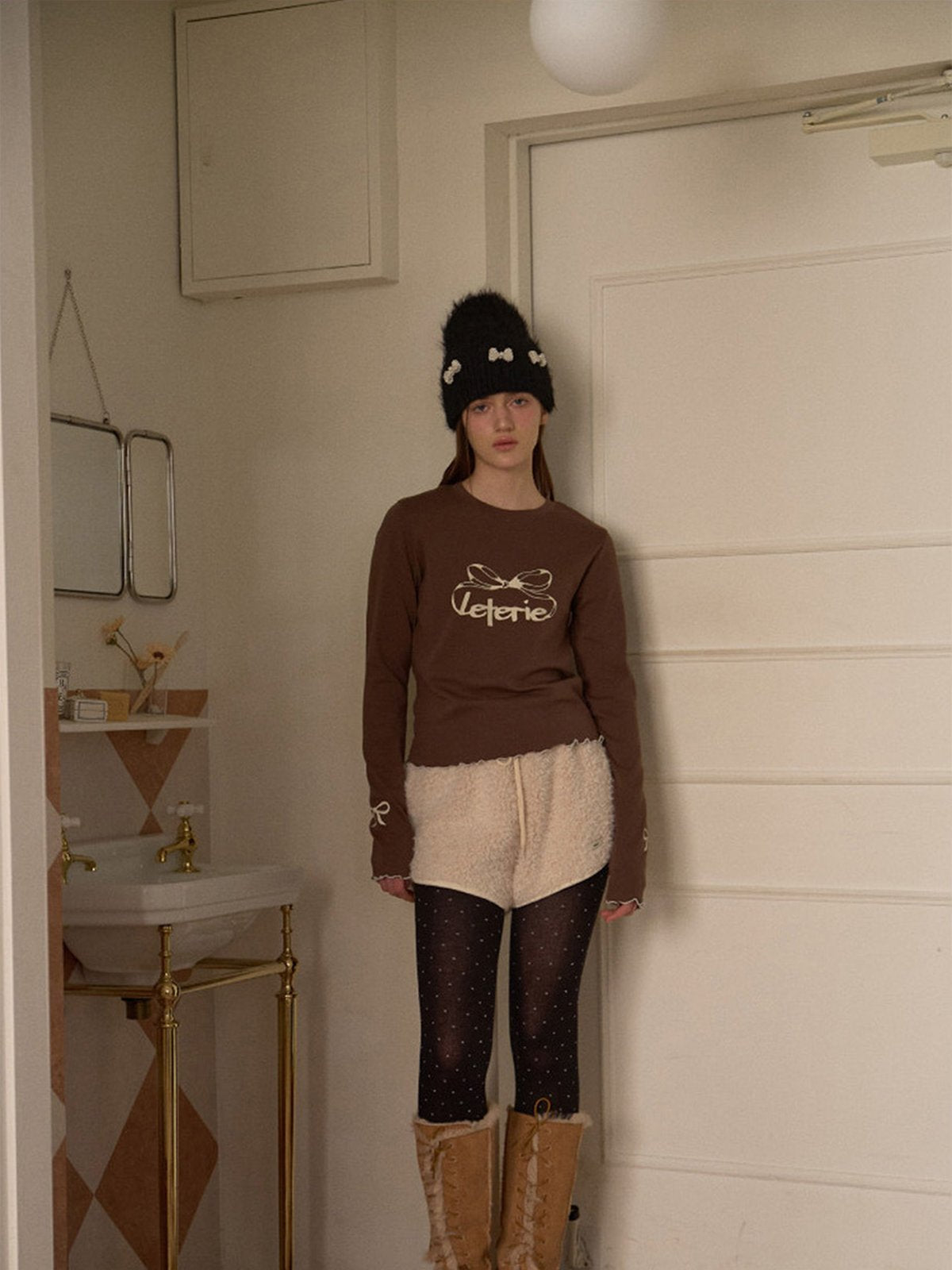 Bonnet doux en tricot, perles fantaisie, effet duveteux, style streetwear, hiver chaud, coupe arrondie, sans visière, accessoire mode fille, modèle Fenzie - Bonnets - Noir