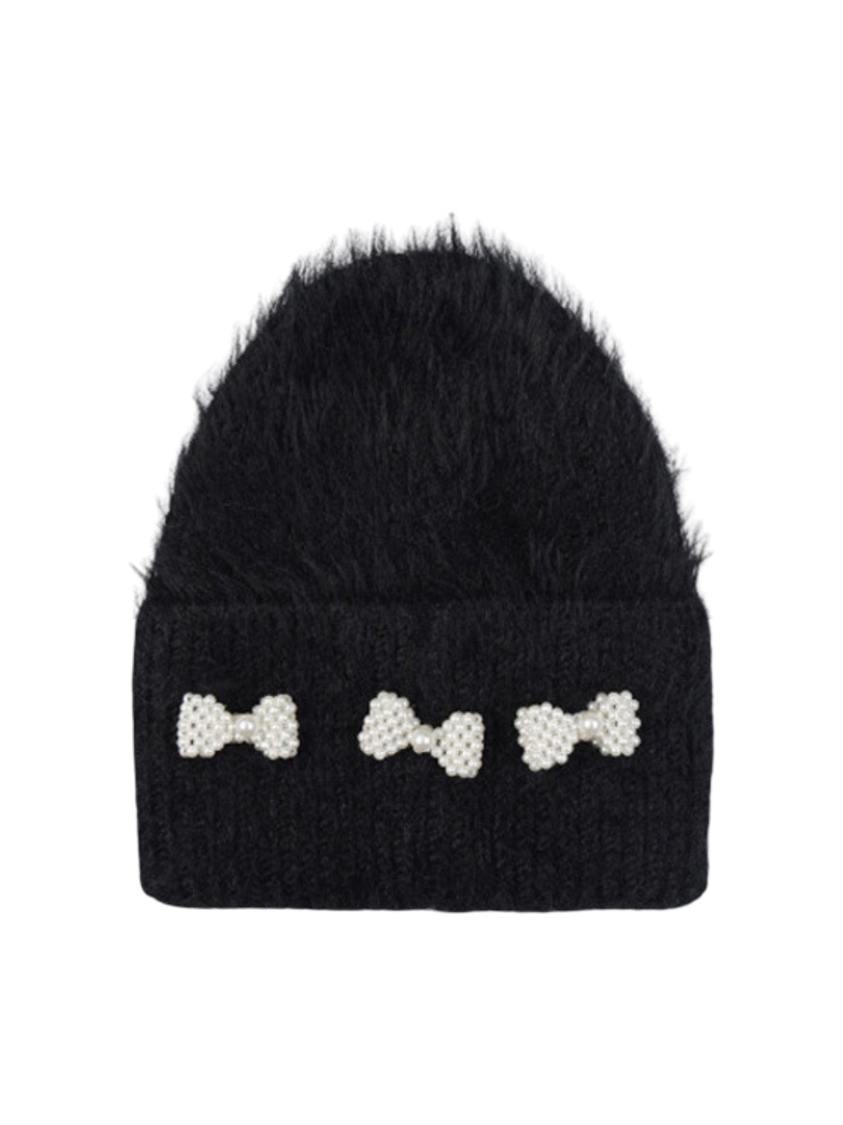 Bonnet doux en tricot, perles fantaisie, effet duveteux, style streetwear, hiver chaud, coupe arrondie, sans visière, accessoire mode fille, modèle Fenzie - Bonnets - Noir