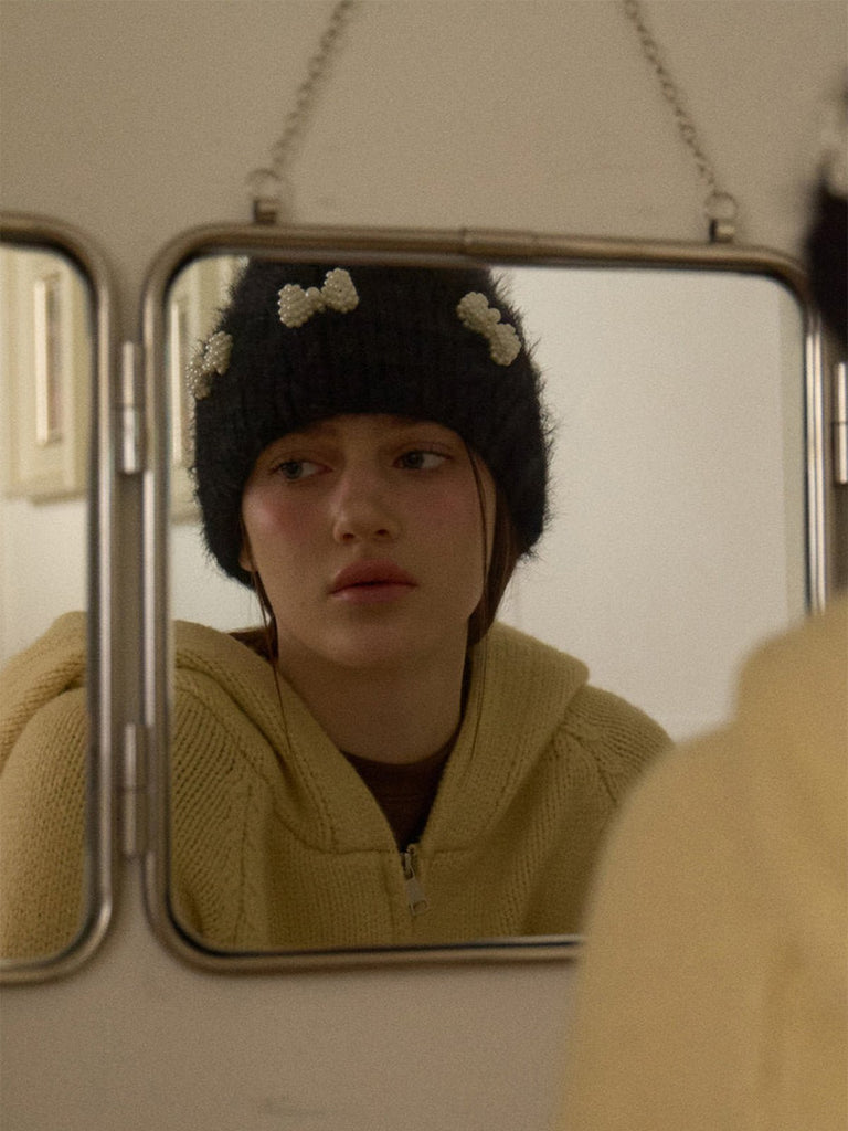 Bonnet doux en tricot, perles fantaisie, effet duveteux, style streetwear, hiver chaud, coupe arrondie, sans visière, accessoire mode fille, modèle Fenzie - Bonnets - Noir