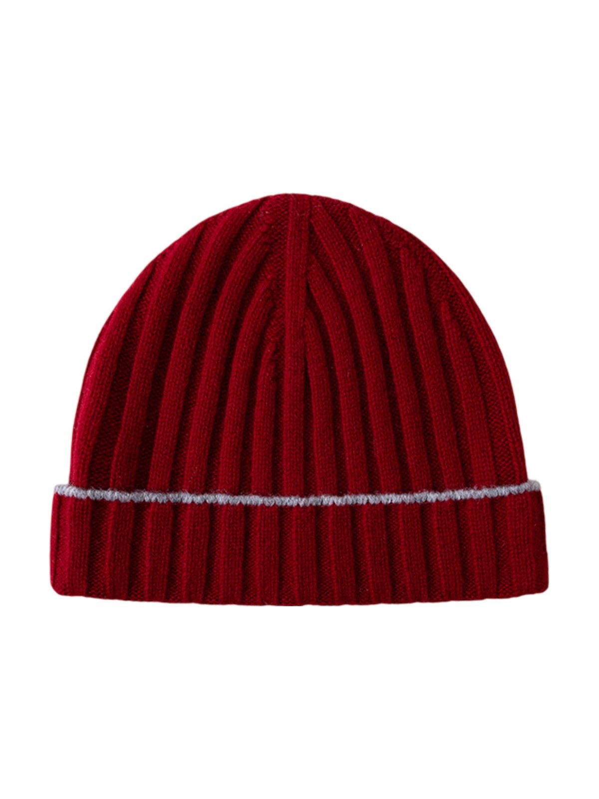 Bonnet en laine chaude, maille côtelée unisexe, revers extensible et confortable, touche de couleur contrastée, douceur naturelle pour l’hiver, modèle Kinsy - Bonnets - Bordeaux