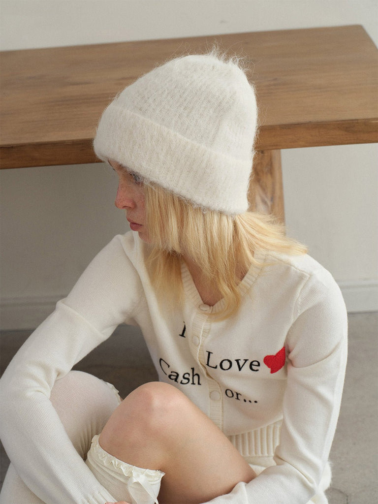 Bonnet en laine mohair d'alpaga duveteux, toucher doux et chaud, look épuré et moderne, couleur unie ou contrastée, parfait pour l’hiver, modèle Skia - Bonnets - Blanc