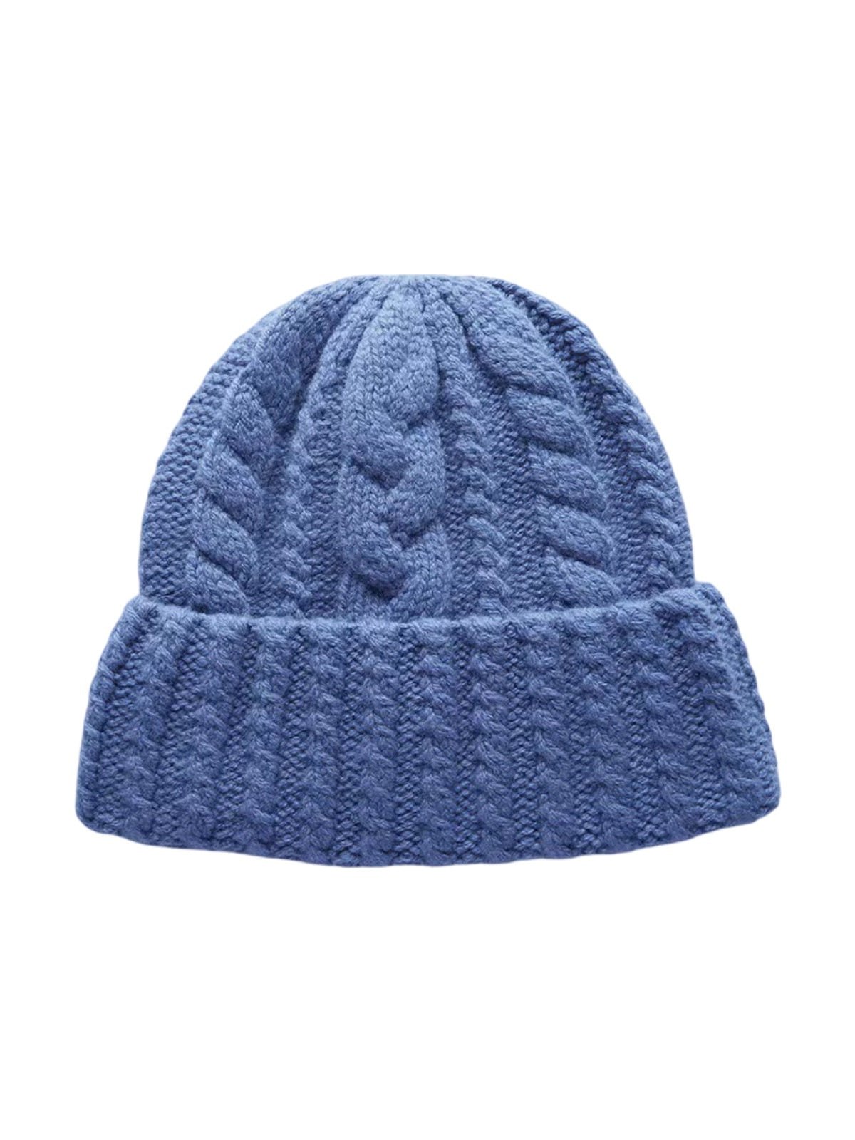 Bonnet en pure laine torsadée, coupe ronde, tricot épais, chaud, hiver femme et homme, style rétro décontracté, modèle Minel - Bonnets - Bleu