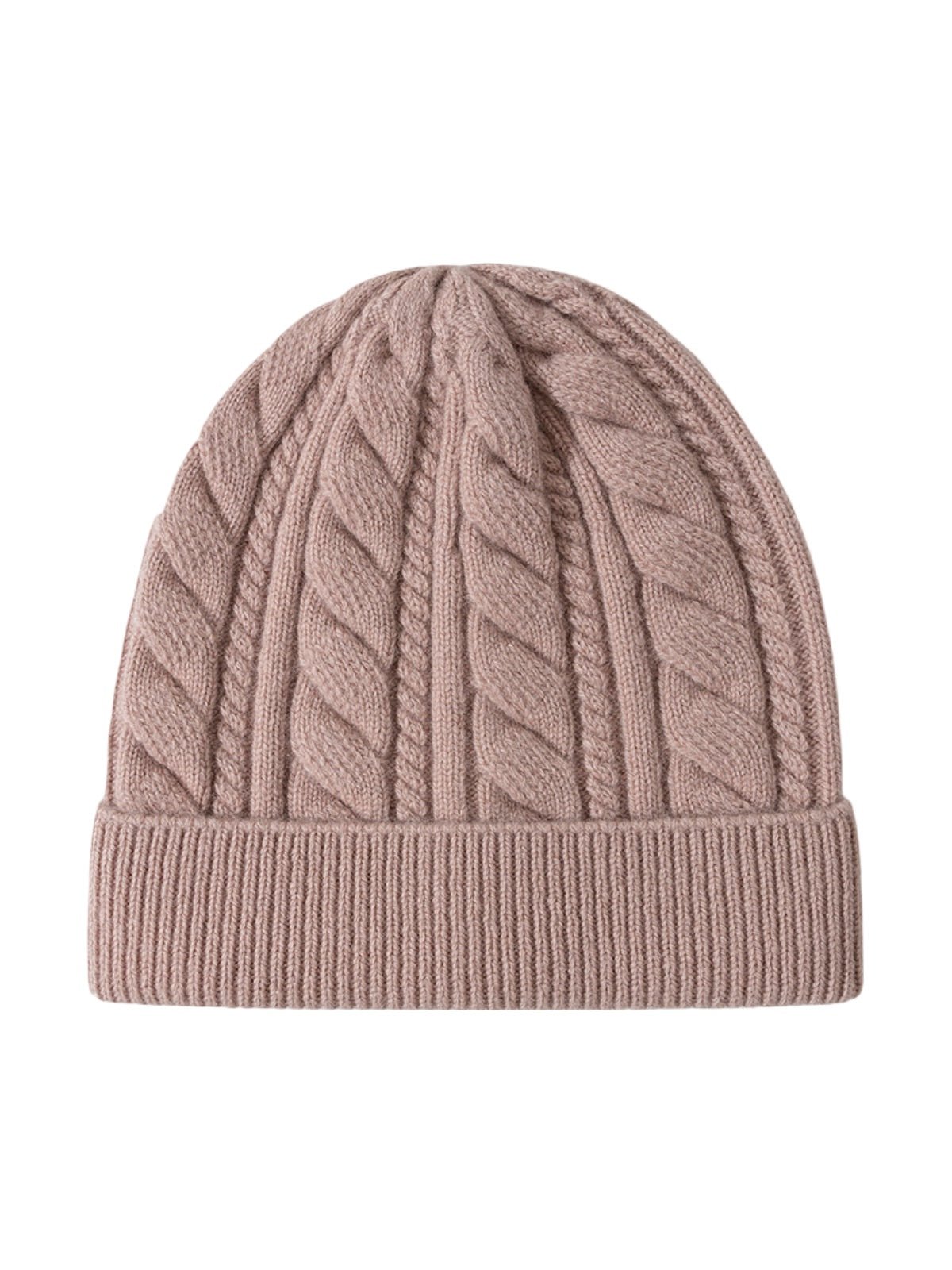 Bonnet femme hiver en pure laine, tricot torsadé, coupe chaude, style minimal, mode urbaine, modèle Ulia - Bonnets - Taupe rosé