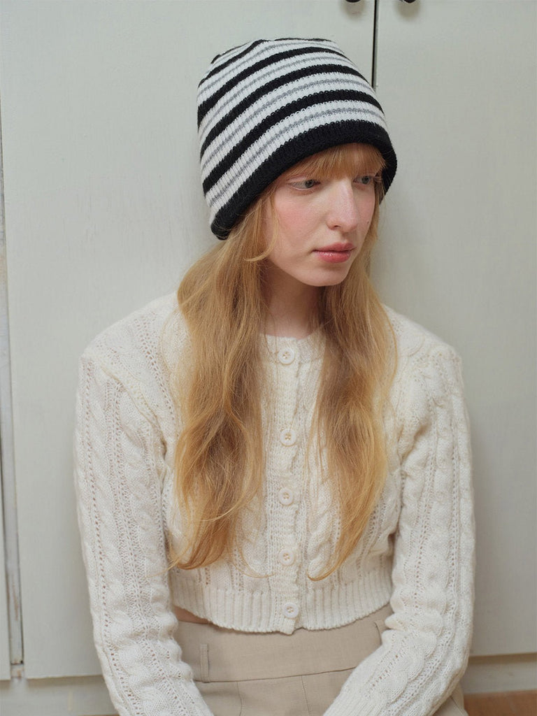 Bonnet rayé femme hiver, bonnet tricoté doux, bonnet chaud sans doublure, bonnet unisexe mode, bonnet en maille streetwear, modèle Tridy - Bonnets - Noir