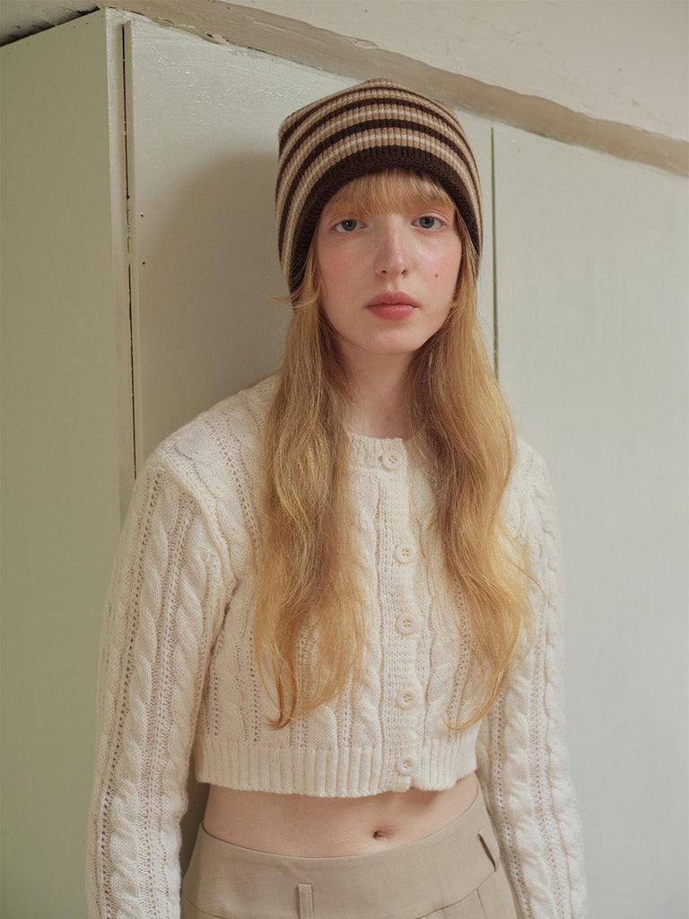 Bonnet rayé femme hiver, bonnet tricoté doux, bonnet chaud sans doublure, bonnet unisexe mode, bonnet en maille streetwear, modèle Tridy - Bonnets - Marron