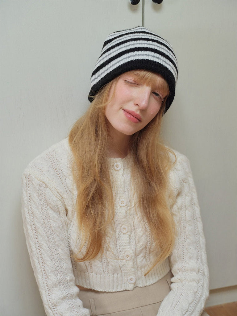 Bonnet rayé femme hiver, bonnet tricoté doux, bonnet chaud sans doublure, bonnet unisexe mode, bonnet en maille streetwear, modèle Tridy - Bonnets - Noir