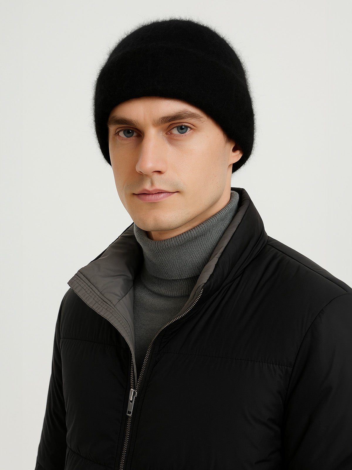 Bonnet tricoté doux, haute densité, poil de lapin angora, chaud et confortable, hiver, mixte, look minimal, style tendance, modèle Moha - Bonnets - Noir