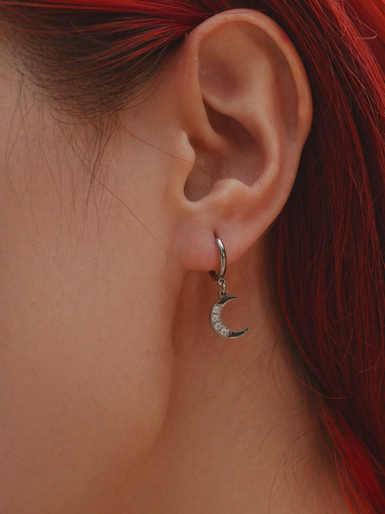 Boucles d'oreilles asymétriques, acier inoxydable, lune, étoile, zircon, femme, modèle Noélie - Boucles d'oreilles - Argent 60 mm