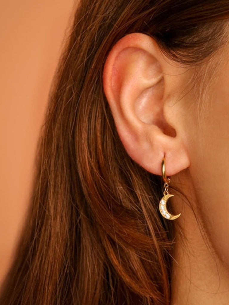 Boucles d'oreilles asymétriques, acier inoxydable, lune, étoile, zircon, femme, modèle Noélie - Boucles d'oreilles - Or 60 mm