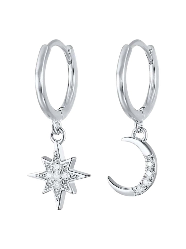 Boucles d'oreilles asymétriques, acier inoxydable, lune, étoile, zircon, femme, modèle Noélie - Boucles d'oreilles - Argent 60 mm