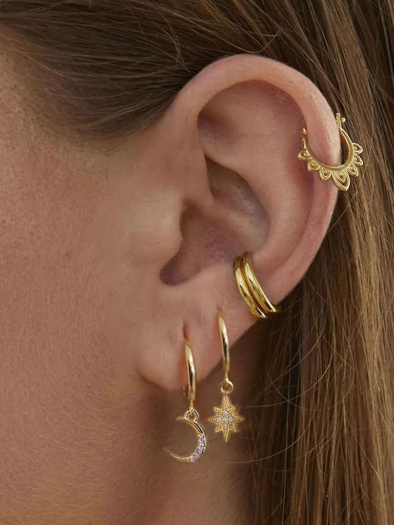 Boucles d'oreilles asymétriques, acier inoxydable, lune, étoile, zircon, femme, modèle Noélie - Boucles d'oreilles - Or 60 mm