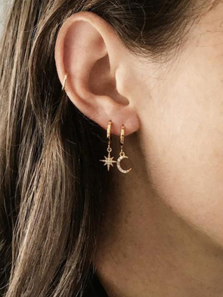 Boucles d'oreilles asymétriques, acier inoxydable, lune, étoile, zircon, femme, modèle Noélie - Boucles d'oreilles - Or 60 mm