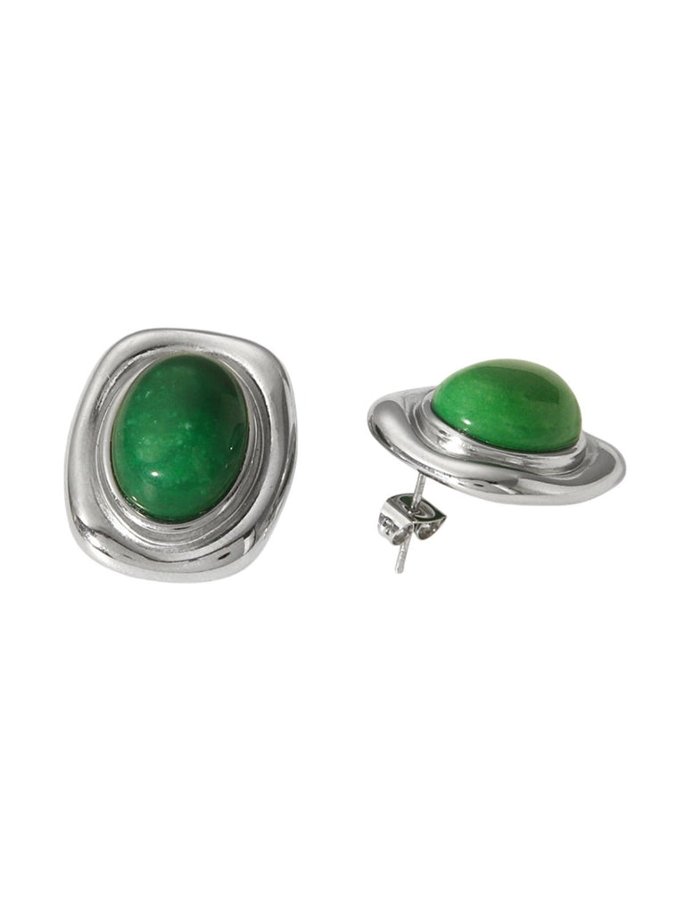 Boucles d'oreilles carrées, pierre naturelle, acier inoxydable, style rétro, plaqué or, modèle Luva - Boucles d'oreilles - Jade et argent